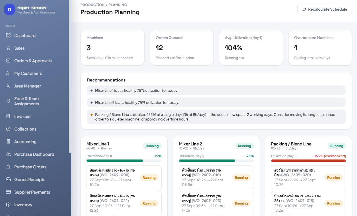Production planning screen — machine schedules and utilization
