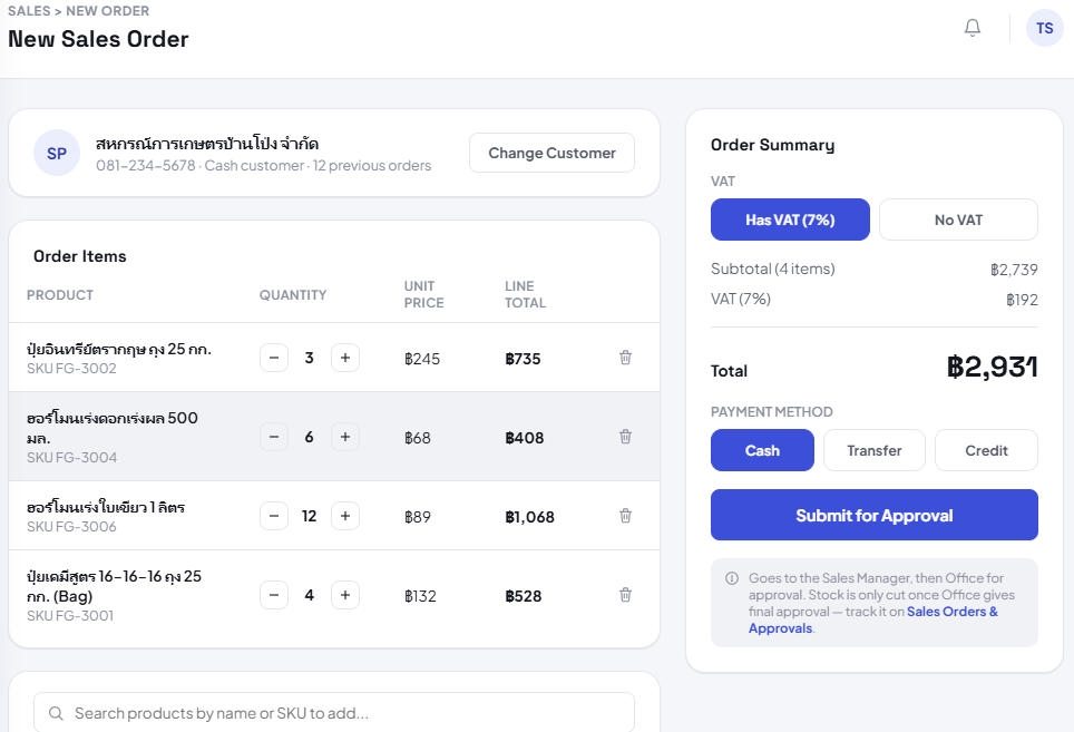 New sales order screen — items, VAT, and approval routing